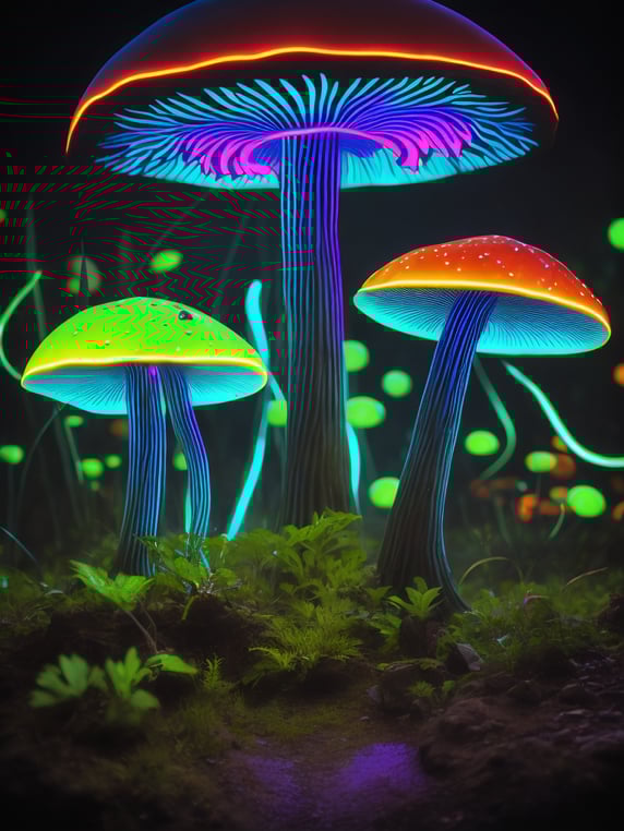 fluorescent mushrooms, psychedelic night, abstract, darkness