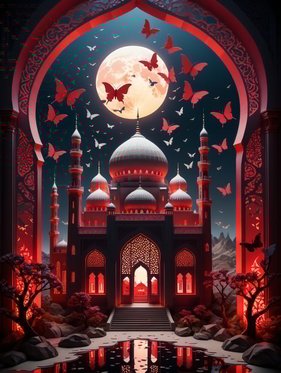 Paper cut scene, paper cut mosque in the foreground, red lighting behind moque, mystical atmosphere, paper cut butterflies flying around