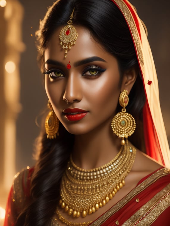 Indian Tamil girl, rich beautiful sari, bright makeup, golden jewelry, long brown hair, green eyes, red lips.