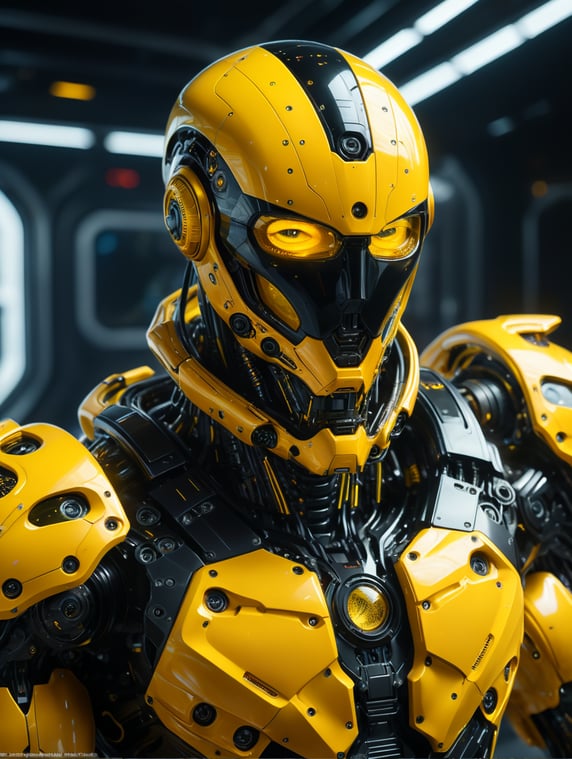 Superluminal 8K cinematic yellow and black thermalplastic futuristic hyperfiber mechanics intergalactic glass binary war ship, in the spacecore, with a (longshot view )((of a futuristic spaceforce intergalactic detailed mechanism displayed in glass binary thermoplastic cyborg humanoid robot)) at the pilots controls center