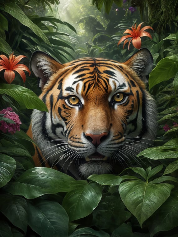 eyes and lips peering through lush jungle leaves and flowers with small tigers climbing around