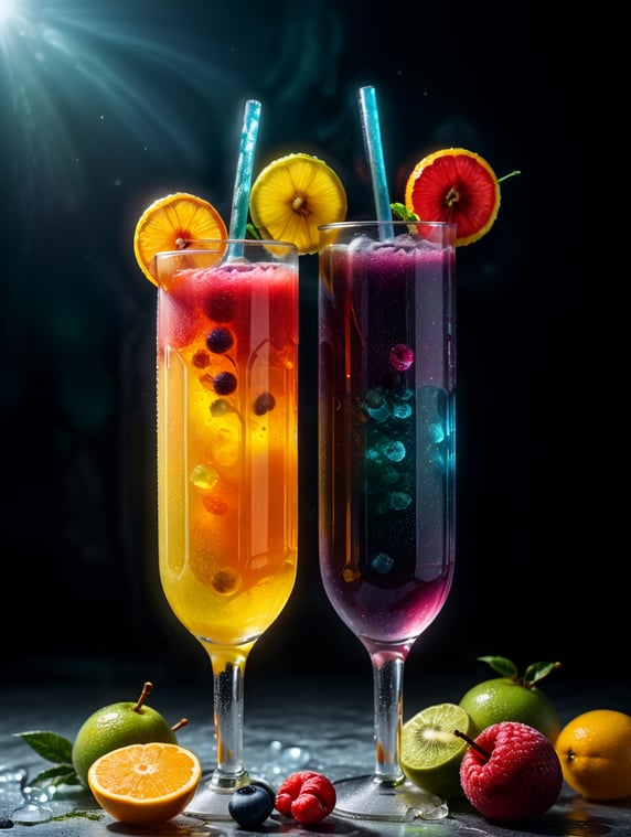 Translucent frozen juice stick on a stick, bright fluorescent color, Translucent frozen juice with small pieces of fruit frozen inside, a jelly-like substance, on a bright light background, professional shot, advertising shot, contrasting light, bright colors