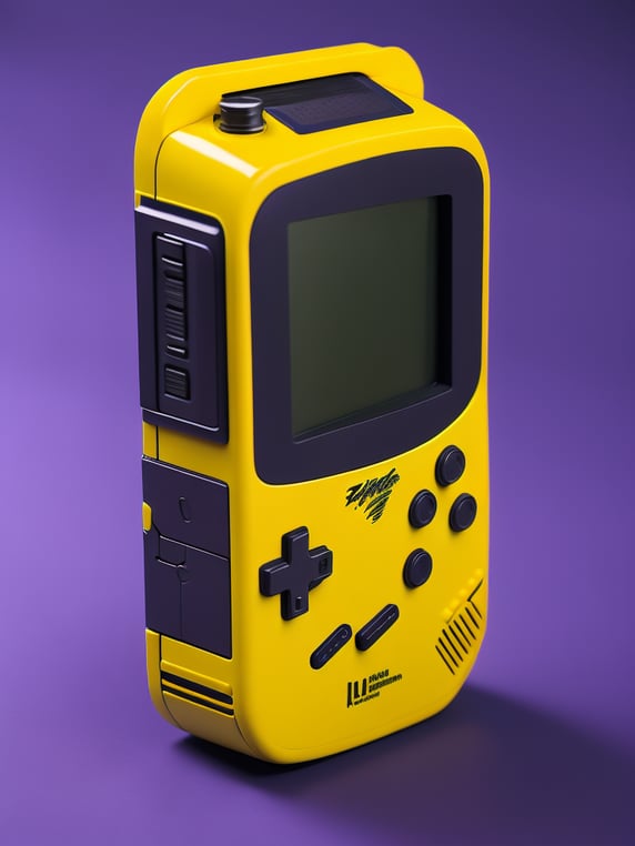 3d pixel retro tiny cute yellow game boy render, purple background