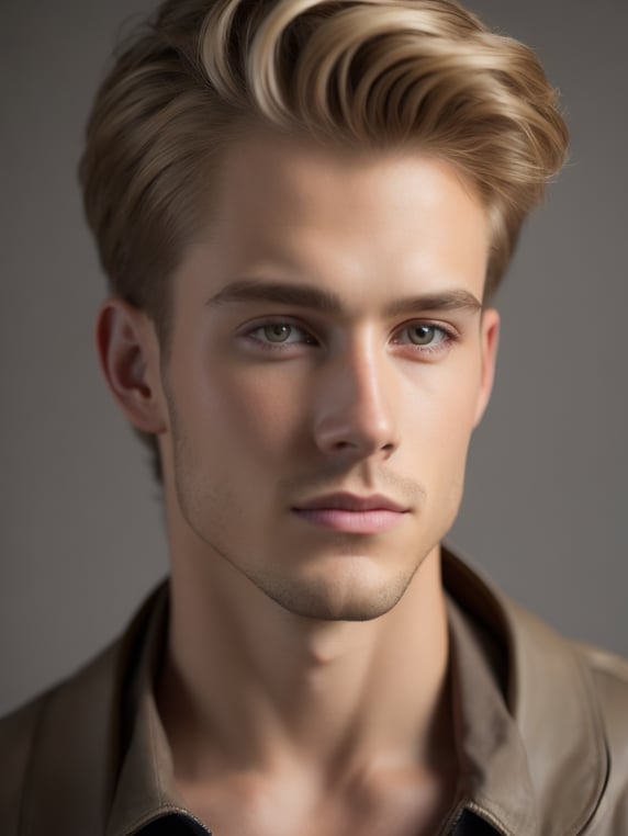 Please give me a photorealistic image of a young man, approximately 23 24 years old, who is tall, blonde, and has green eyes. He should appear very soft and gentle, not sharp like a model, but still handsome. He should have a charming smile and appear like an outgoing but kind young man. He has an athletic build but is not too muscular. He is sort of an understated heartthrob. I do not want him to look like an athlete. He should be smiling wide and look very kind. He should look more naturally styled in terms of his hair and clothes.