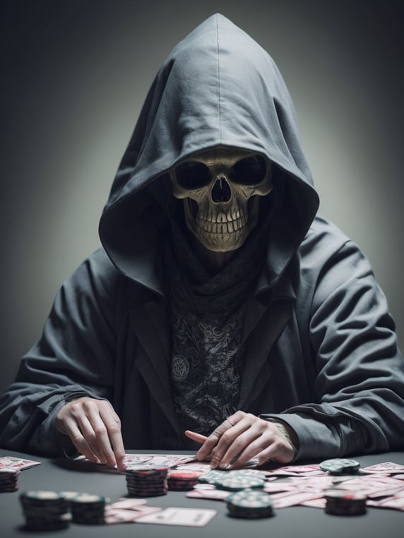 skeleton in hooded cloack, death playing poker, scythe of death in background, looking at the camera, poker table, poker chips, cards, money, scary, creepy