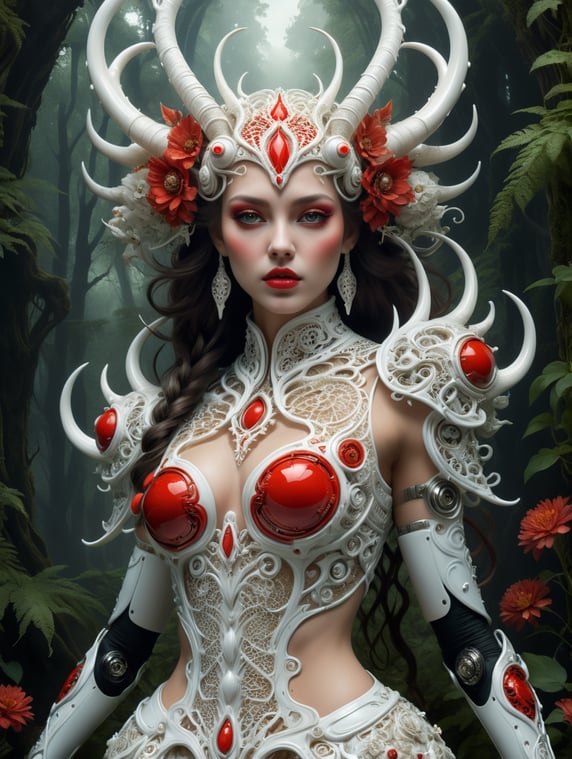 The hybrid girl has deer legs and ram horns. Art of Brom, fantasy art, artwork gathering magic, concept art.complex 3D rendering hyper detailed white porcelain filigree details, girl surrounded by forest flowers, soft red makeup. Artistic coloring in the style of Jan Saudealexander mcqueen high fashion haute ltra sharp beautiful couture, , art nouveau fashion embroidered, steampunk, mesh wire, hyperrealistic, mandelbrot fractal , anatomical, , white metal armor, , microchip, elegant, octane version. giger style, 8 k, photo, cinema, painting, cinema, photo, film, painting, photo, cinematic