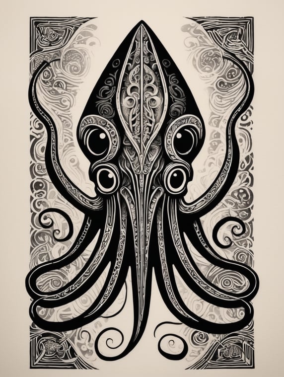 Black and white linocut tattoo design squid thick bold dark lines
