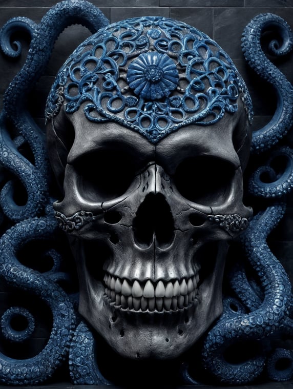 Skull tentacles sculpture with azulejo
