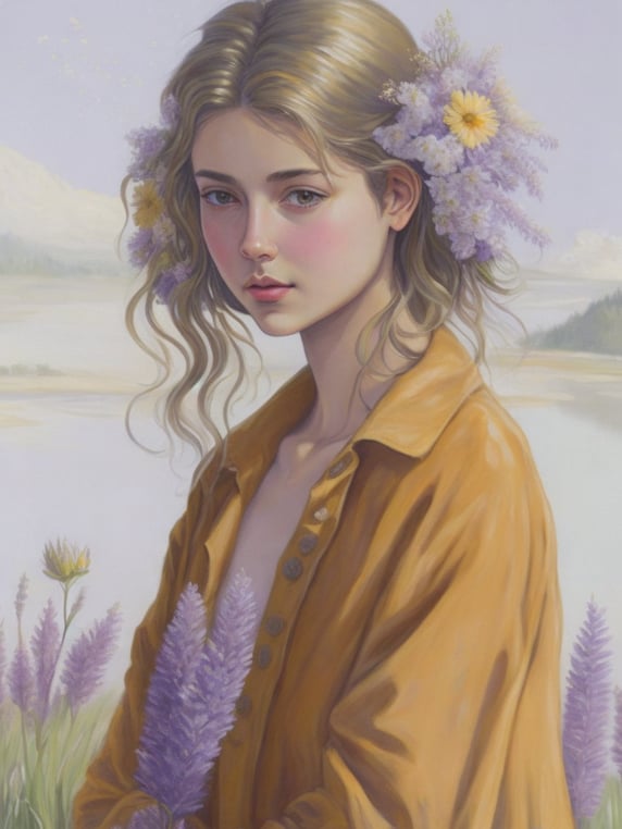 A beautiful full-height girl Around her, flowers are in full bloom, it's morning. The girl is looking at her reflection in the lake. A full-height girl in autumn colors and leaves stands by the lake, looking at her reflection in the water. An image in soft pastel shades: yellow and lavender. there are many wildflowers in the background