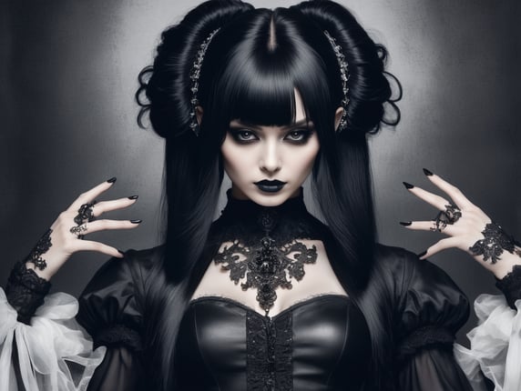 Goth model with black long hair and bobcut in poses in dark goth tone on white background