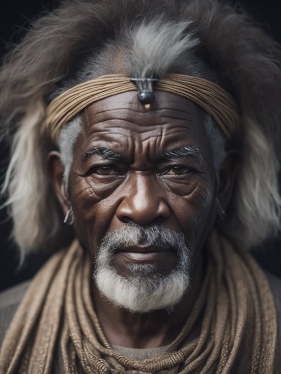 Portrait of a black elderly male shaman, gray beard, muted tones, black background