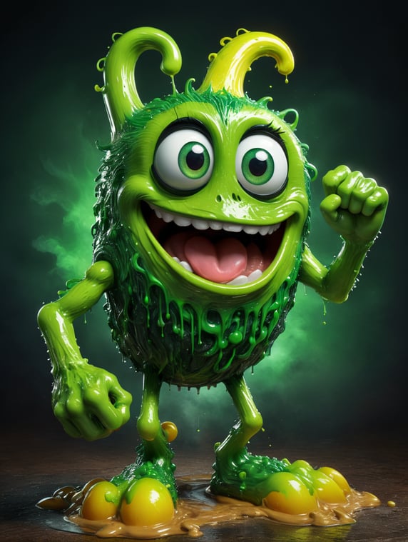 Green Letter C mascot with eyes arms and leg styled like a Disney pixar candy slime; Mascote Letra C verde com olhos braços e perna estilo uma gosma de doce estilo Disney pixar
