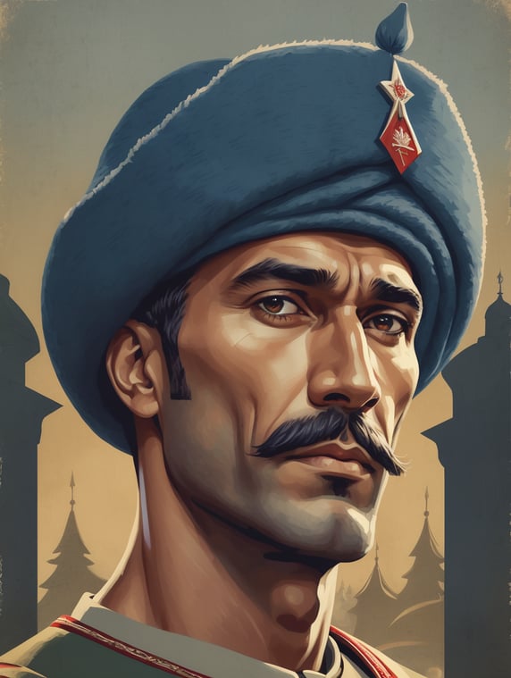 Male with chapka, soviet propaganda drawing poster