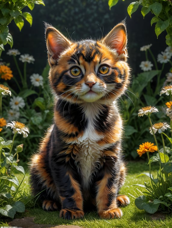 Small tortoiseshell kitten sitting on the grass in a small English garden. Viewed from ground level.