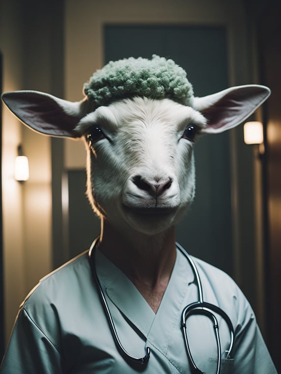 A sheep look like a human stylized as a nurse in the hospital. Full length. blue light around