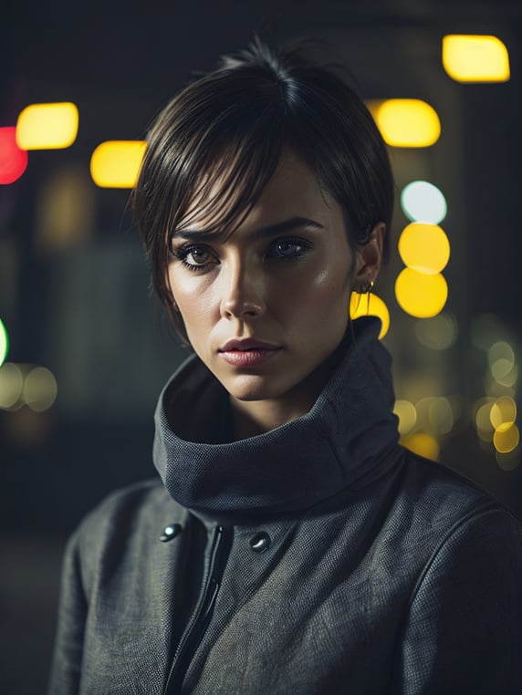a women looks on the camera, yellow side lighting, focused gaze, canon 50 lens, focus on the face everything else is in blur, the blade runner scene.