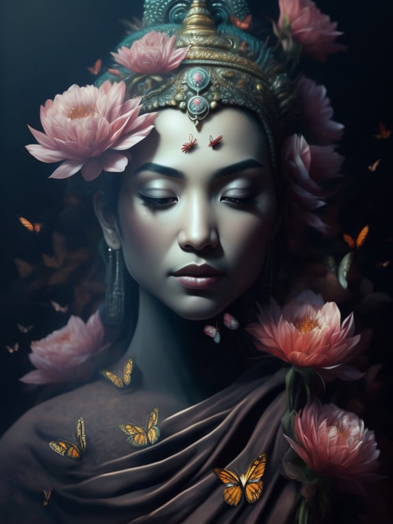 Ethereal portrait of Buddah female with pink flowers and butterflies, high definition, photography, cinematic, detailed character portrait, detailed and intricate environment, breeze, dream