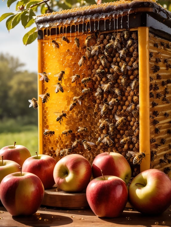 beehive bussing with bees, flowing honey, cutup red apples being showered with honey