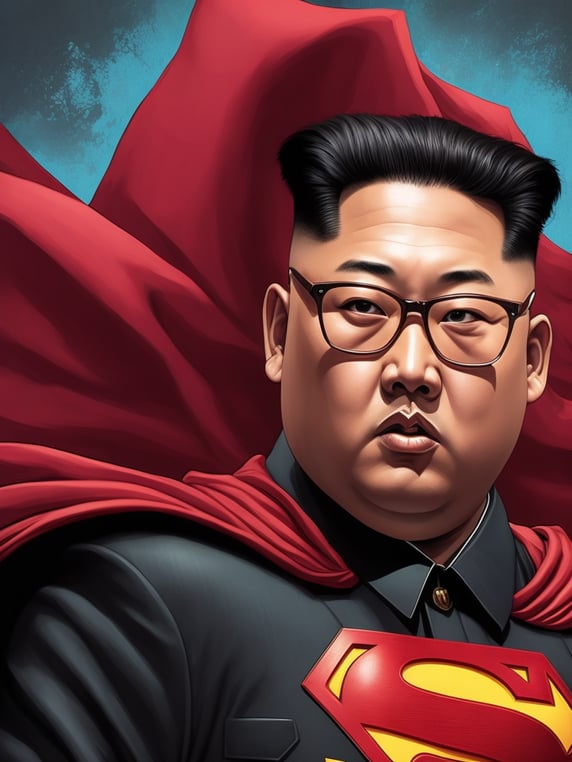 Kim Jong Un Superman, Hero Portrait, Pink colors, Comics, Marvel, Horror, USA, style of Richard Corben