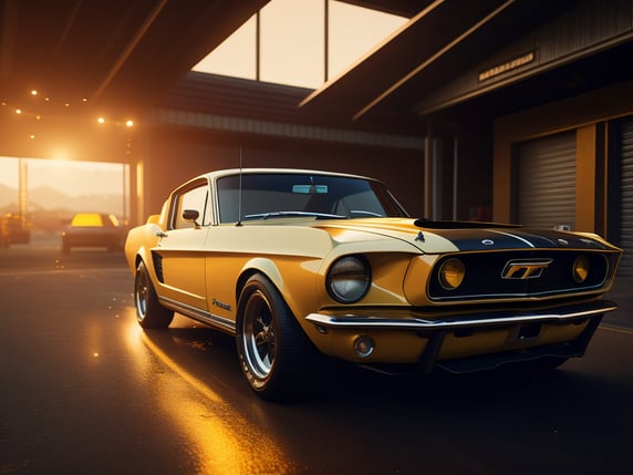 A videogame background image of a white clean garage, white neon light, Asphalt 9 legends style, a yellow Mustang car in the foreground, incredible graphics, 4k