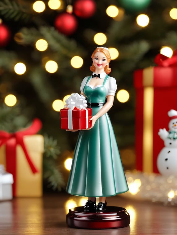 Woman pub waitress small glass glass figure holding gift box, christmas toy for the christmas tree