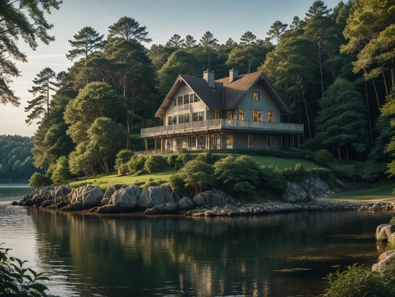 A house by the water with a forest in the background