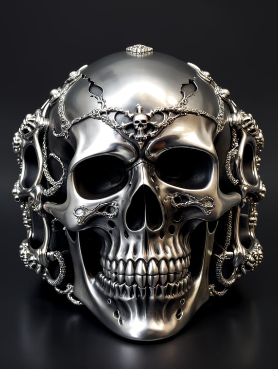 silver skull skelton cuff, etsy, in the style of expressionistic distorted forms, minimalistic canine sculptures, zbrush, chrome-plated, fluid, abstract expressionism, melting, sculpture installation