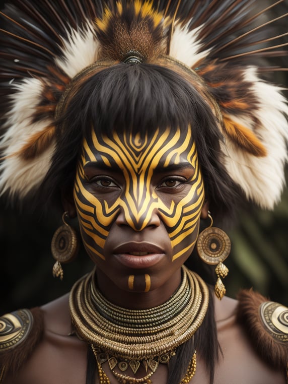 papua new guinea native person female wearing headdress, face paint, incredibly detailed , vibrant moody lighting, close up of face