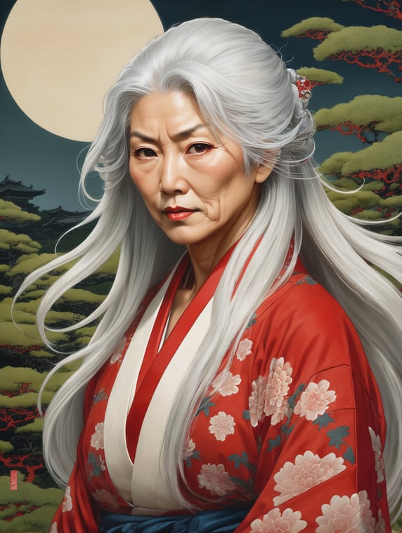 Katsushika Hokusai style painting, Front view of a mature female yakuza with long white hair, coy expression, wearing open red intricate artwork, background brushed colors, in the style of richly detailed art nouveau, romantic moonlit grassy land, use of vintage imagery, minimalist