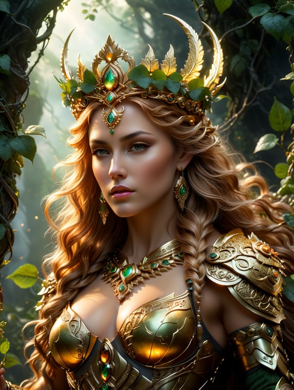 ultra detailed druid goddess with a crown made out of pure light, kind-hearted with a penetrating gaze, golden glow, extremely detailed and beautiful face, gorgeous body, soft copper-colored hair, she wears druid armor, ethereal, magical glow, fantasy art by Mschiffer, ultra sharp focus, ethereal glowy smoke, light particles, roses and vines, brambles