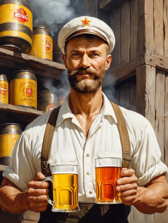 poster, A Soviet man in a white shirt and cap holds a mug of kvass in his hands, a Soviet yellow barrel of kvass can be seen in the background