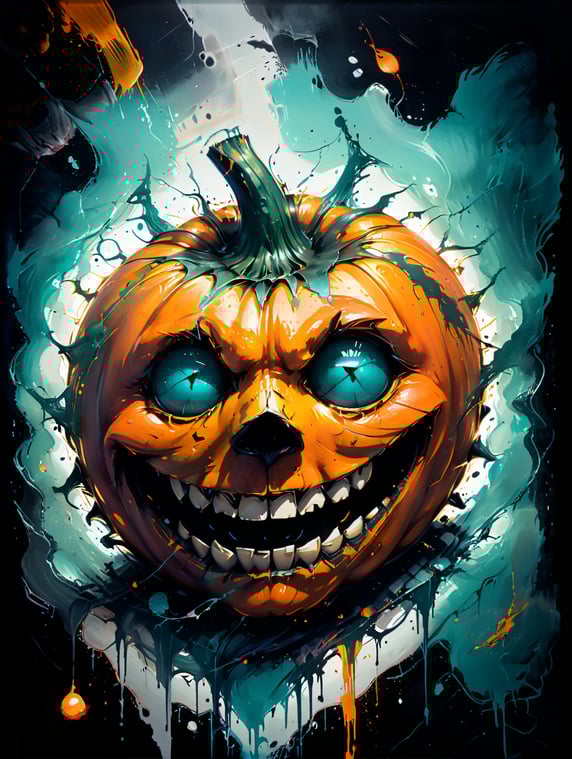 Halloween pumpkin photorealistic illustration, scary, dark