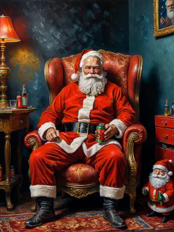 santa claus sitting on his red armchair, holding lubricant can in his lap, oil painting, imitating van gogh style