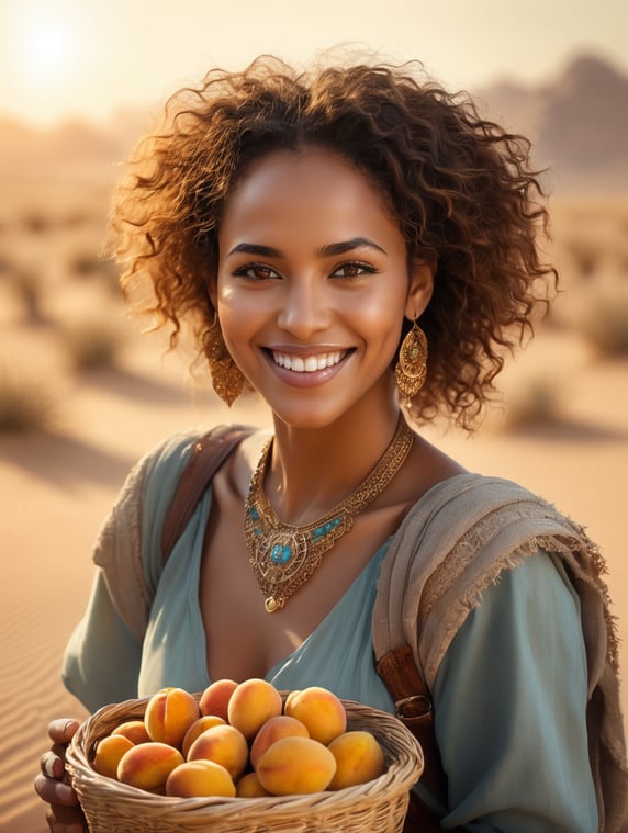 A brown-skinned girl from Upper Egypt, 34 years old, stands in the desert with a basket of dates in her hands, the sand dunes stretching out in the distance as the sun sets in a deep purple and blue sky. hyper realistic, ultra detailed photograph of a woman, smiling, golden jewelry, shiny, sunlight fractal details, depth of field, HOF, hall of fame, detailed gorgeous face, apocalyptic environment, natural body posture, professional photographer, captured with professional DSLR camera, trending on Artstation, 64k, ultra detailed, ultra accurate detailed, bokeh lighting, surrealism, Thomas Kinkade background, urban, ultra unreal engine, WLOP, Pauline Voß, Pascal Quidault, , Christian Schob, Martina Fackova, intricate, epic, freckles, peach fuzz, detailed mascara