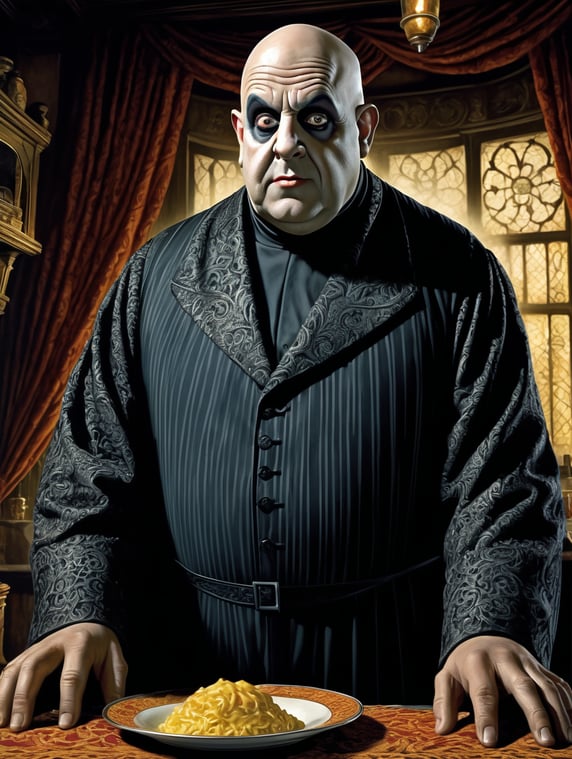 Uncle fester from the adams family, intricate details, hdr, beautifully shot, hyperrealistic, sharp focus, 64 megapixels, perfect composition, high contrast, cinematic, atmospheric, moody, full color art by alex ross