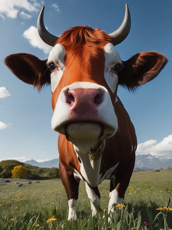 Envision a hyper-realistic, high-resolution image capturing a unique sight: a hippie cow with a beard. The cow is adorned with symbols of peace and love, its fur patterned with vibrant, psychedelic colors. A thick, shaggy beard hangs from its chin, adding to its unconventional appearance. The cow stands in a lush, green pasture under a clear blue sky, embodying the free-spirited ethos of the hippie movement. The colors should be a mix of the natural hues of the cow and the pasture, contrasted with the vibrant colors of the hippie symbols. The composition should be a mid-shot, focusing on the cow and its unique features.