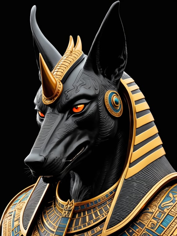 Egyptian god Anubis, dark style, sharp on details, black background