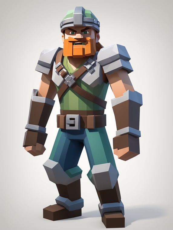 cel-shaded 3D, low poly style, raider, video game character, minecraft, roblox, white background