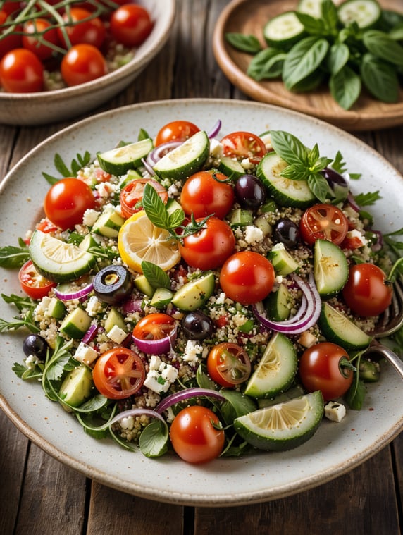 Mediterranean Quinoa Salad, small plate on a wooden table, Description: A healthy and colorful salad made with cooked quinoa, cherry tomatoes, cucumbers, red onions, Kalamata olives, and feta cheese, all tossed in a lemon-herb vinaigrette.