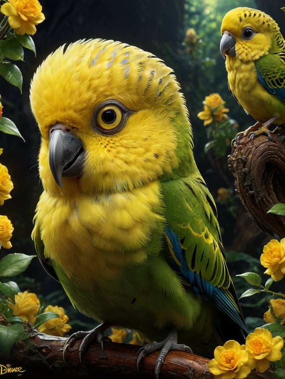 Disney Pixar inspired movie poster with the title Angela in the image а budgerigar, yellow green color.
