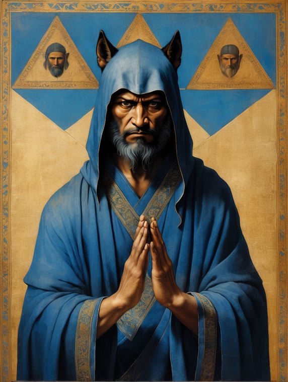 icon painted by Leonardo Davinci, portrait of a human with a black angry Wolf head, clothes in a blue coverlet, hand crossing fingers, glow around the head in the form of a triangle