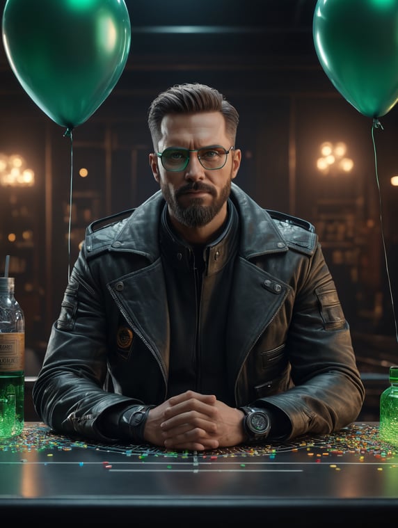( Describe a cyberpunk character named Steve who embodies excitement and thoughtfulness. He has green eyes, thinning brown hair, and wears a black leather coat. His beard frames his face, and he dons titanium glasses.)Standing next to a table with :: a hologram blueprint of a birthday cake surrounded by floating balloons (translucent data glitch 3D relief , 3D perspective , 3D render,schematic, octane rendering, ornate ) highly detailed, 480mp --q 5