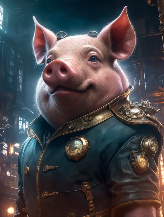Pig style steampunk and Cyberpunk in dystopian environment