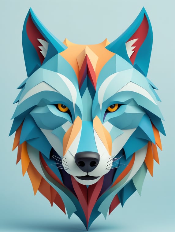 a wolf, minimalistic colorful organic forms, energy, assembled, layered, depth, alive vibrant, 3D, abstract, on a light blue background