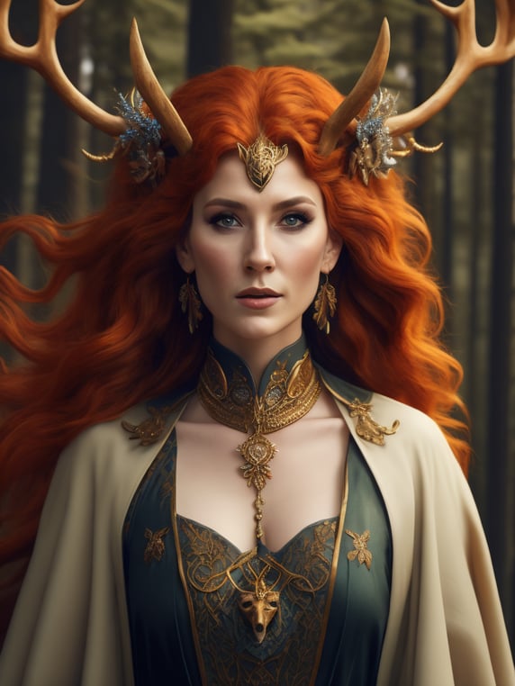 celtic pagan red haired woman wearing antlers on her head, regal goddess, beautiful, in a forest, wearing ancient goddess robes with celtic embroidery, dark evening background, standing next to a proud reindeer and holding a staff in one hand