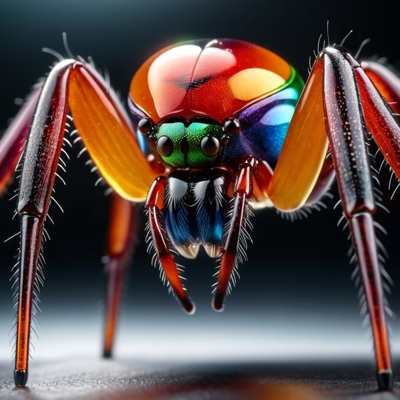 an arachnid, made of multicolored glass, UHD, ultrs sharp, intense detail