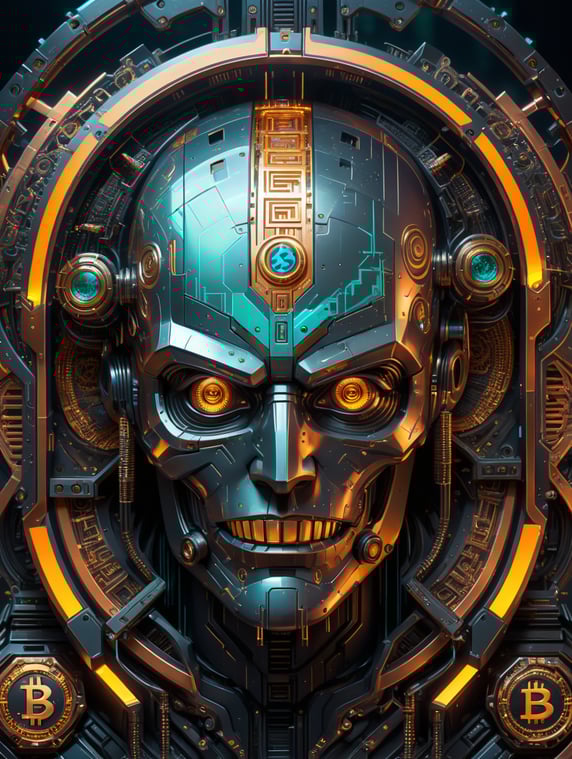 Create an icon for a cryptocurrency that combines elements of Bitcoin with holographic tusks in a cyberpunk style. Depict Bitcoin in a pixelated cubist style and surround it with mechanical tusks featuring holographic effects. Enhance the futuristic atmosphere with cool neon colors and an abstract futuristic background. The primary goal is to create a unique and recognizable icon that blends cyberpunk aesthetics with cryptocurrency symbolism