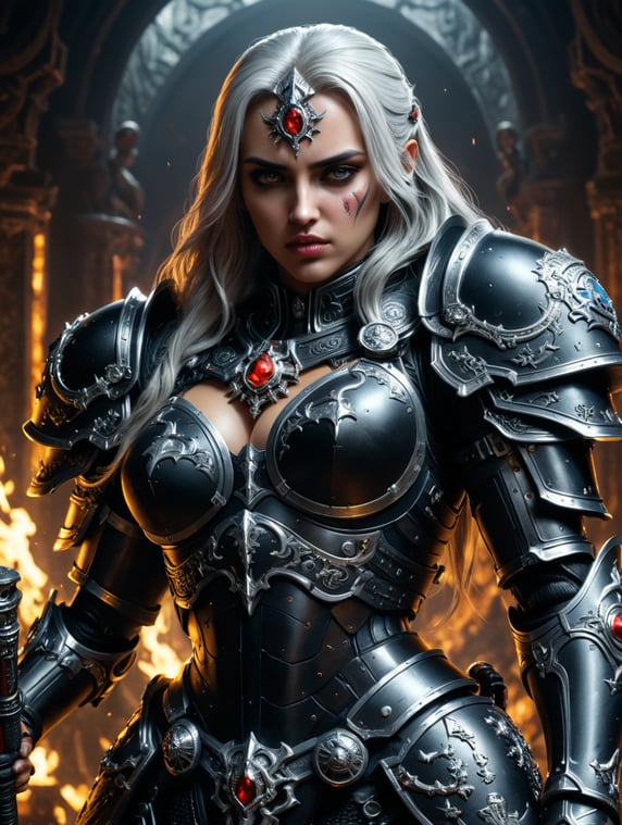 Ana de Armas as Adepta Sororitas Battle Sister, Black armor, Warhammer 40k, realistic, render