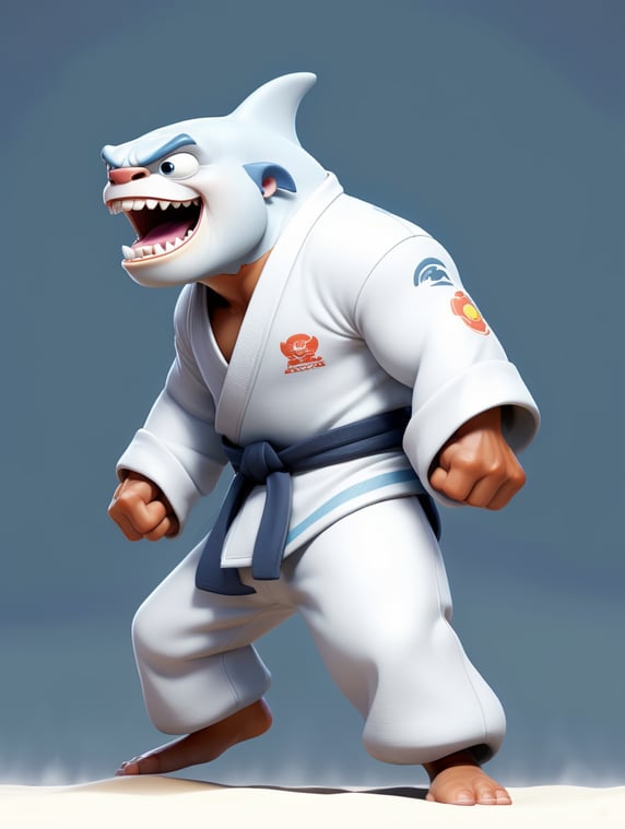 humanoid shark in judo kimono stay in action pose and angry face