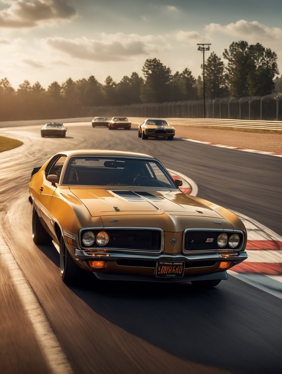 A video game rendering of an epic race track, Asphalt American vintage 1970's car, incredible graphics, 4k